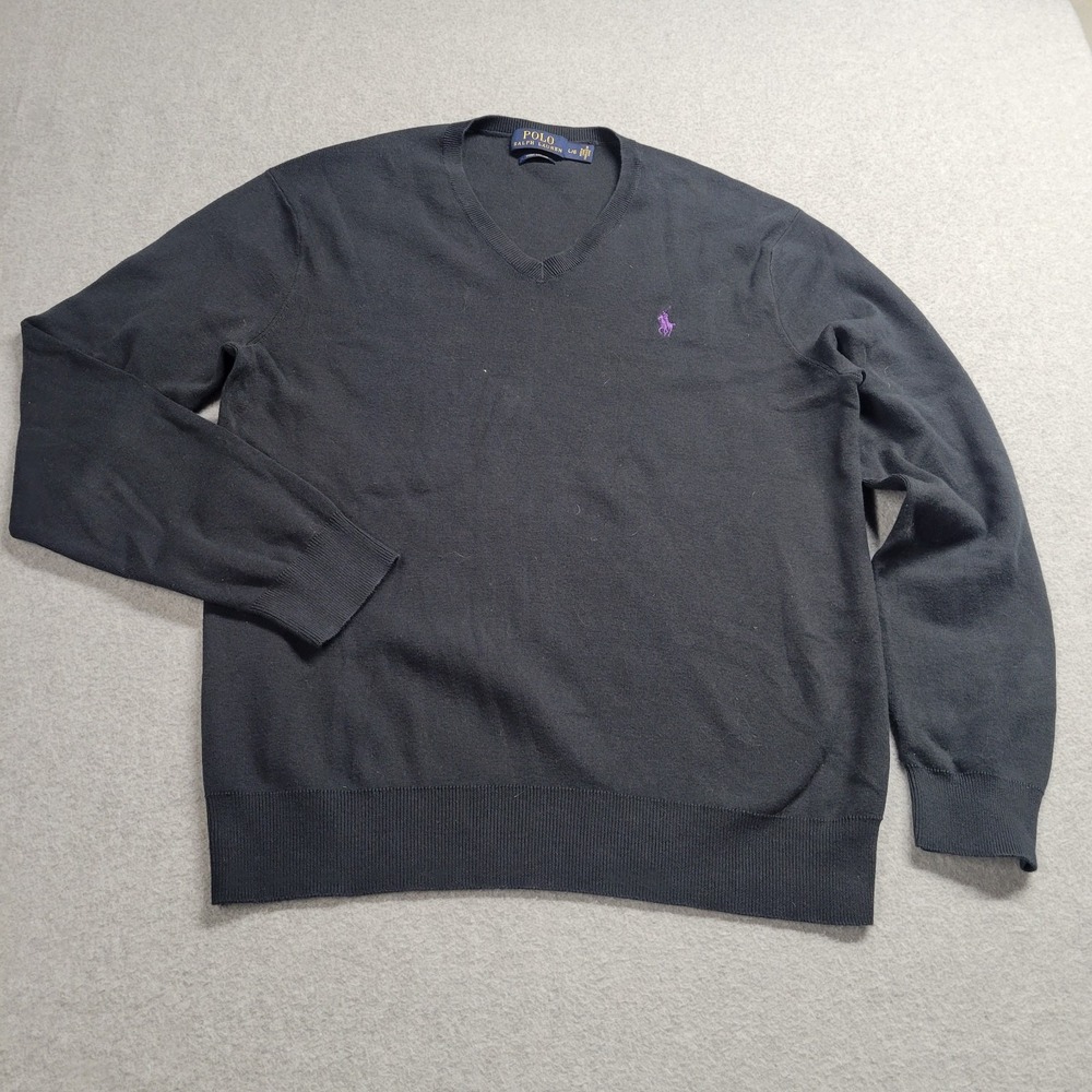 Polo Ralph Lauren Sweater Mens Black Size Large Pima Cotton Purple Pony V Neck - Picture 2 of 12